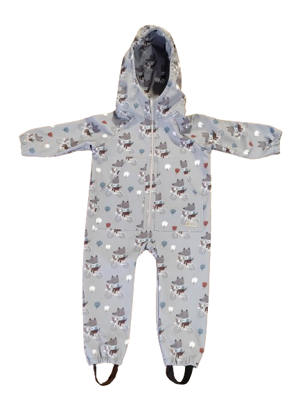 Monkey Mum® Softshell jumpsuit with membrane – Wolves on Bikes - size 98/104, 110/116